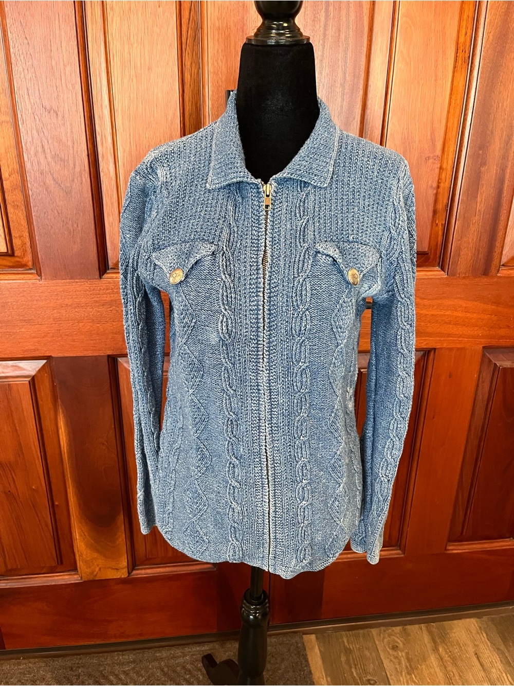 Ralph Lauren Hand Knit Cable Sweater M Blue Chunky Fisherman Zip Concho VTG